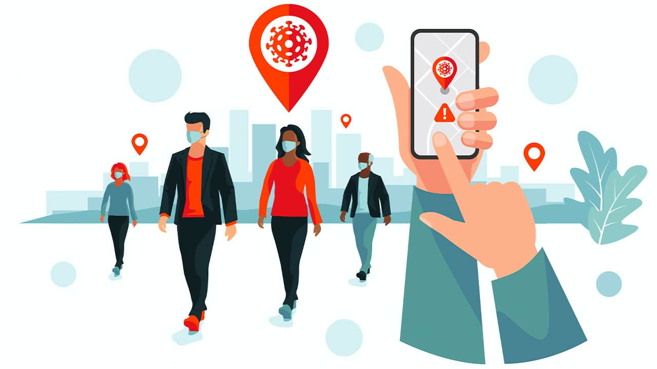 Illustration of contact tracers tracking the spread of COVID-19