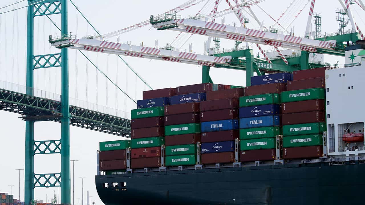 Photo of a cargo ship docked in Los Angeles