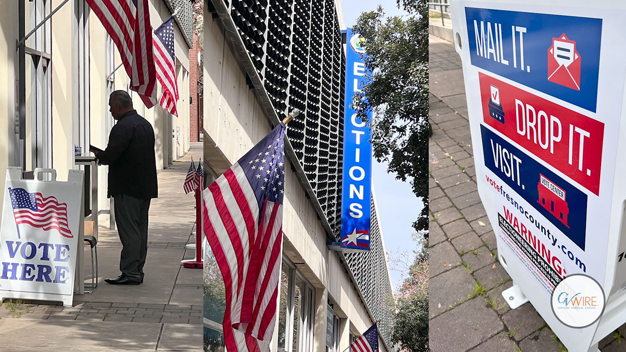 Image of downtown Fresno elections office with American flags flying nearby