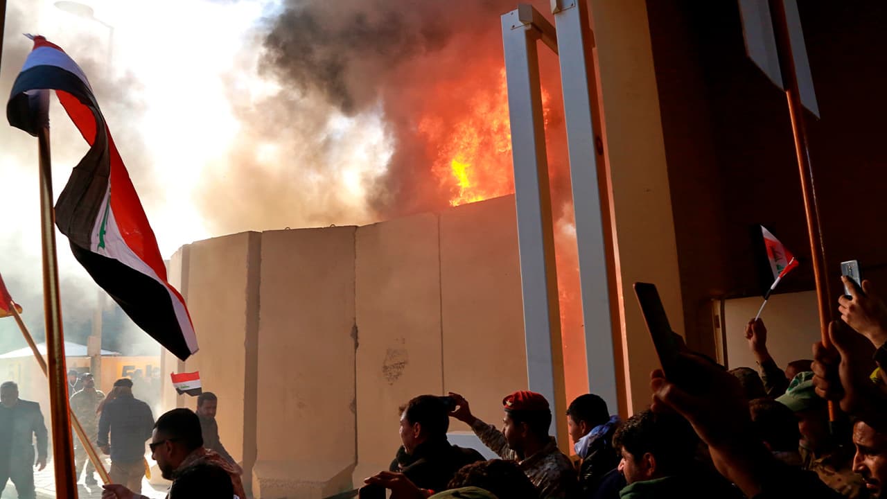 Photo of protestors attacking the U.S. Embassy in Iraq