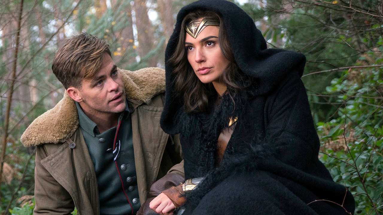 Photo of Chris Pine and Gal Gadot in a scene from "Wonder Woman."