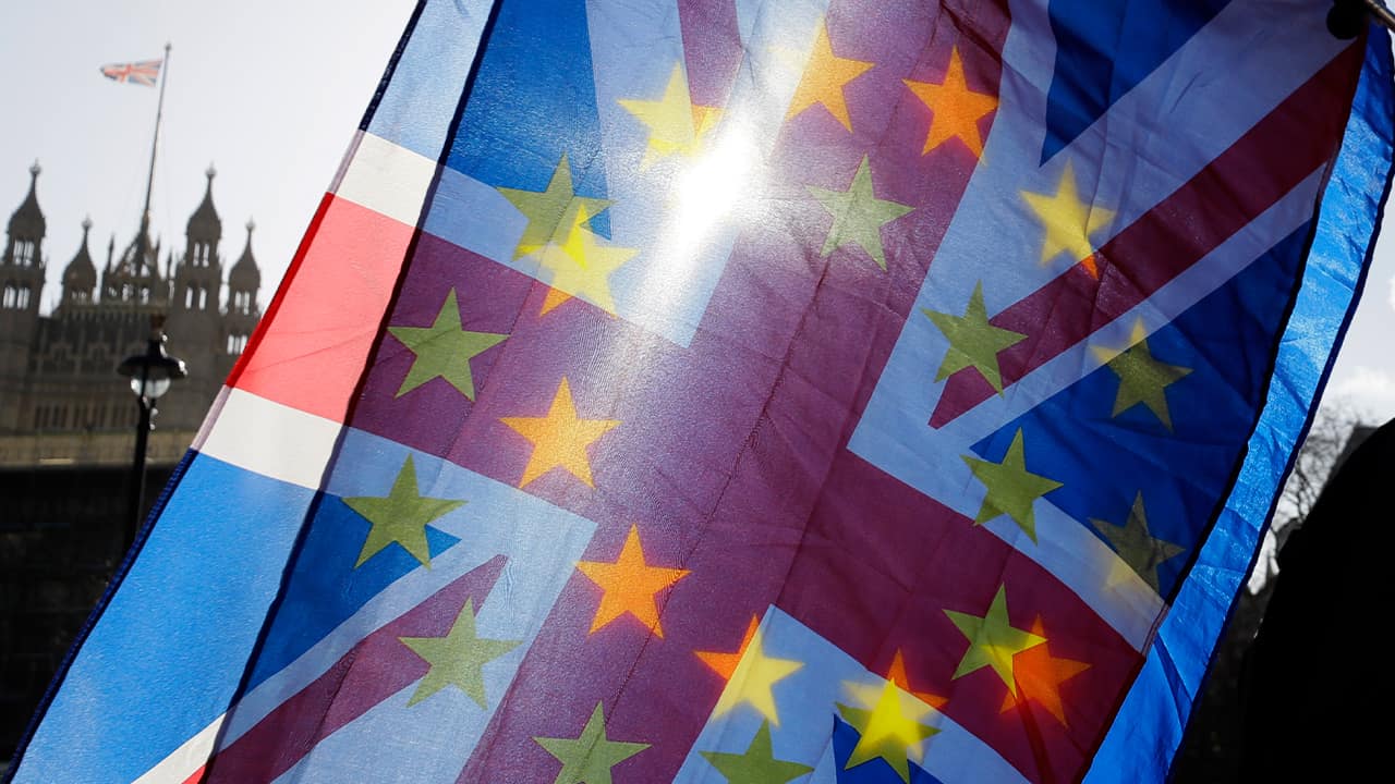 Photo of European Union and Union flags outside Parliament in London