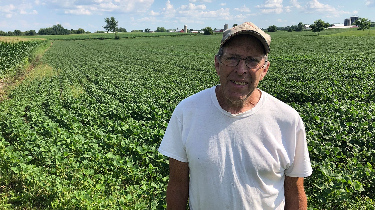 Photo of Farmer Michael Slattery standing in front of his soybean field