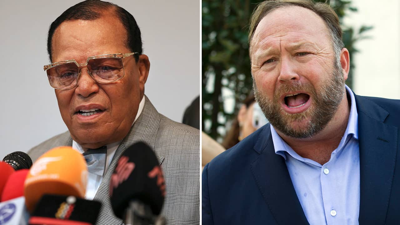 Photo of Louis Farrakhan, the leader of the Nation of Islam, in Tehran, Iran, on Nov. 8, 2018, left, and conspiracy theorist Alex Jones in Washington