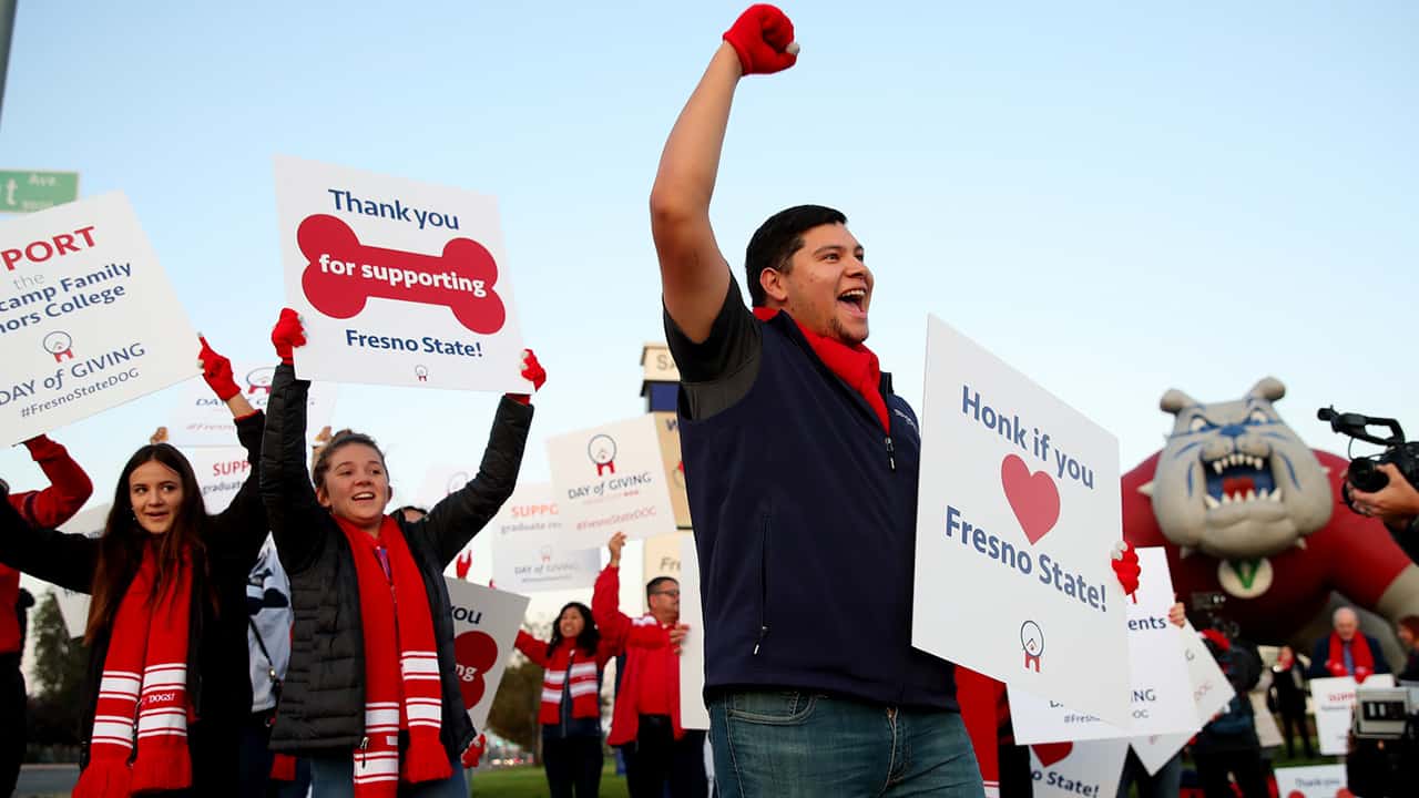 Photo of Fresno State students during the university's annual online Day of Giving