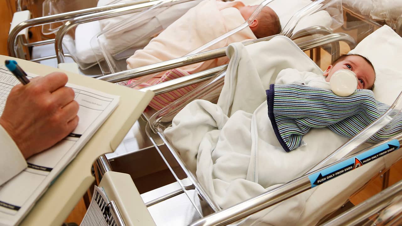 Photo of newborn babies in the nursery at a hospital in New York