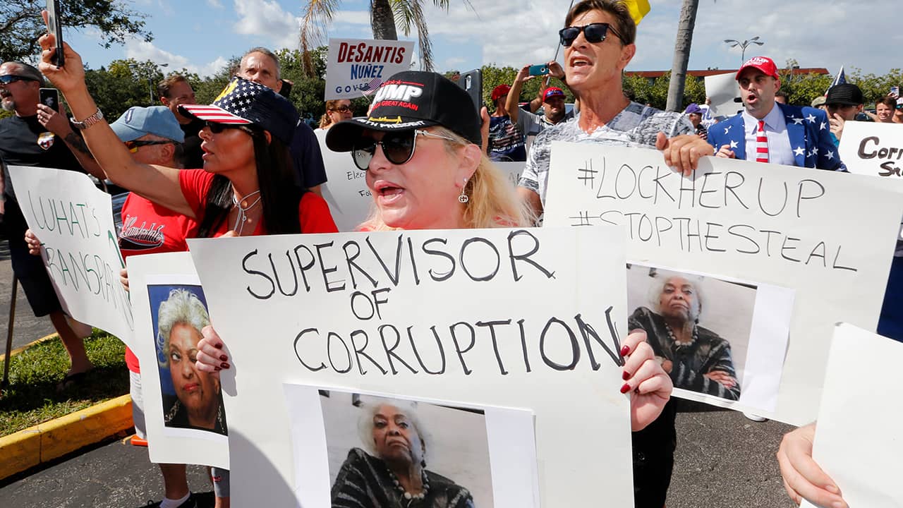 Photo of a crowd protesting outside the Broward County Supervisor of Elections office
