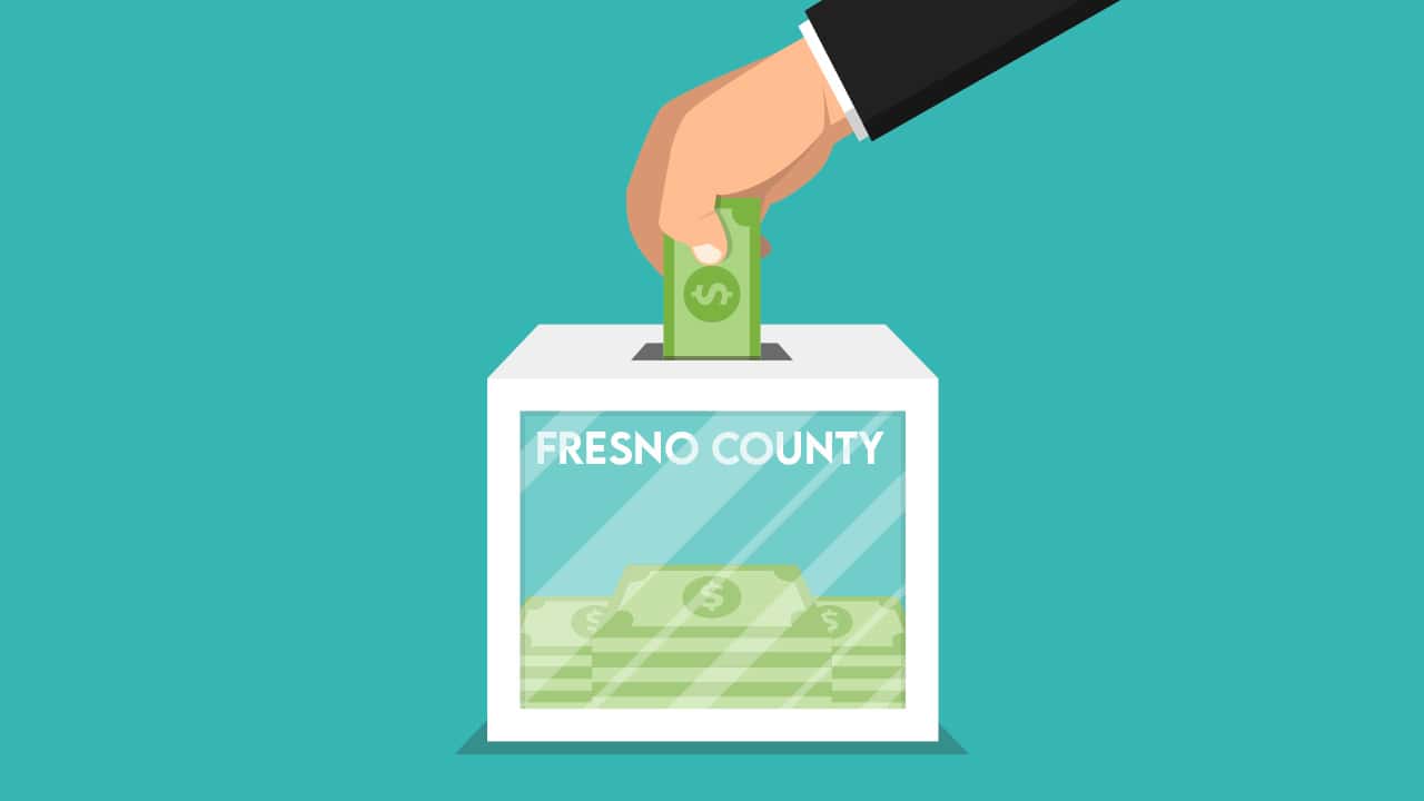 Illustration of hand putting dollars bills into a ballot box titled Fresno County