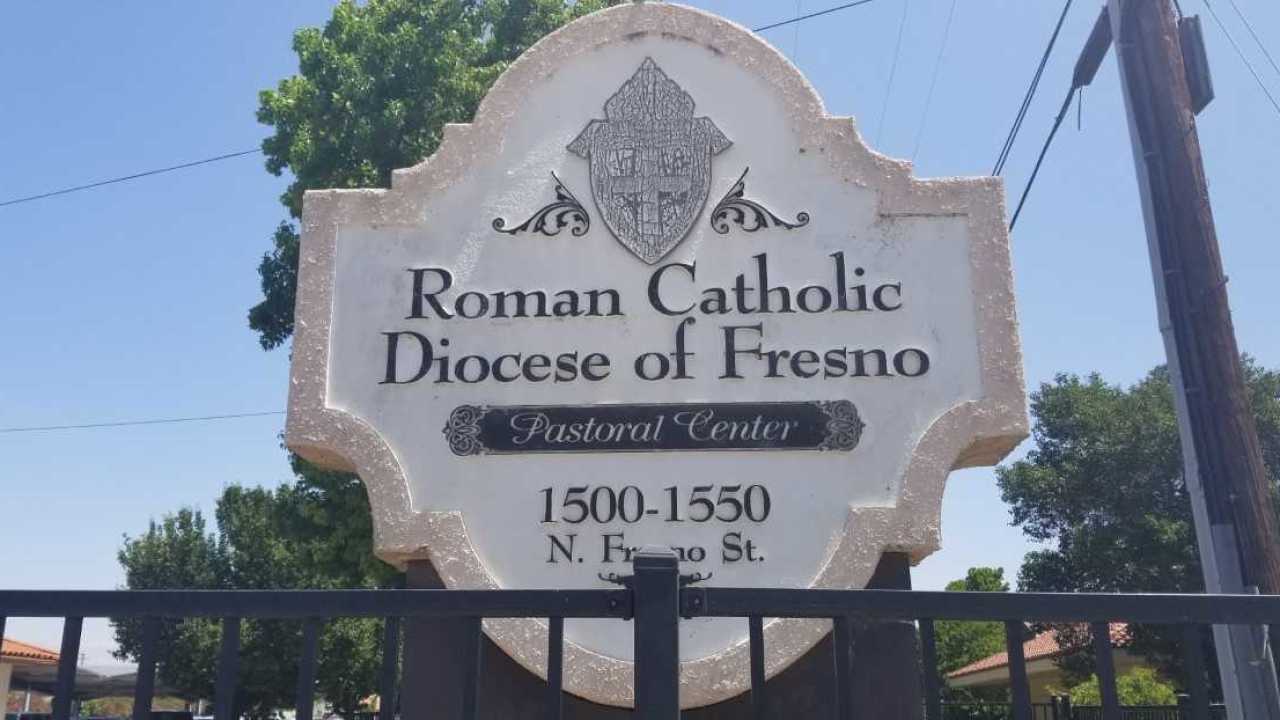 Photo of the sign at the Catholic Diocese of Fresno headquarters