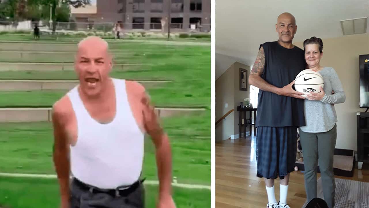 Side by side images of viral video basketball star Joe Salazar Jr. on a court and Salazar with his wife Renee