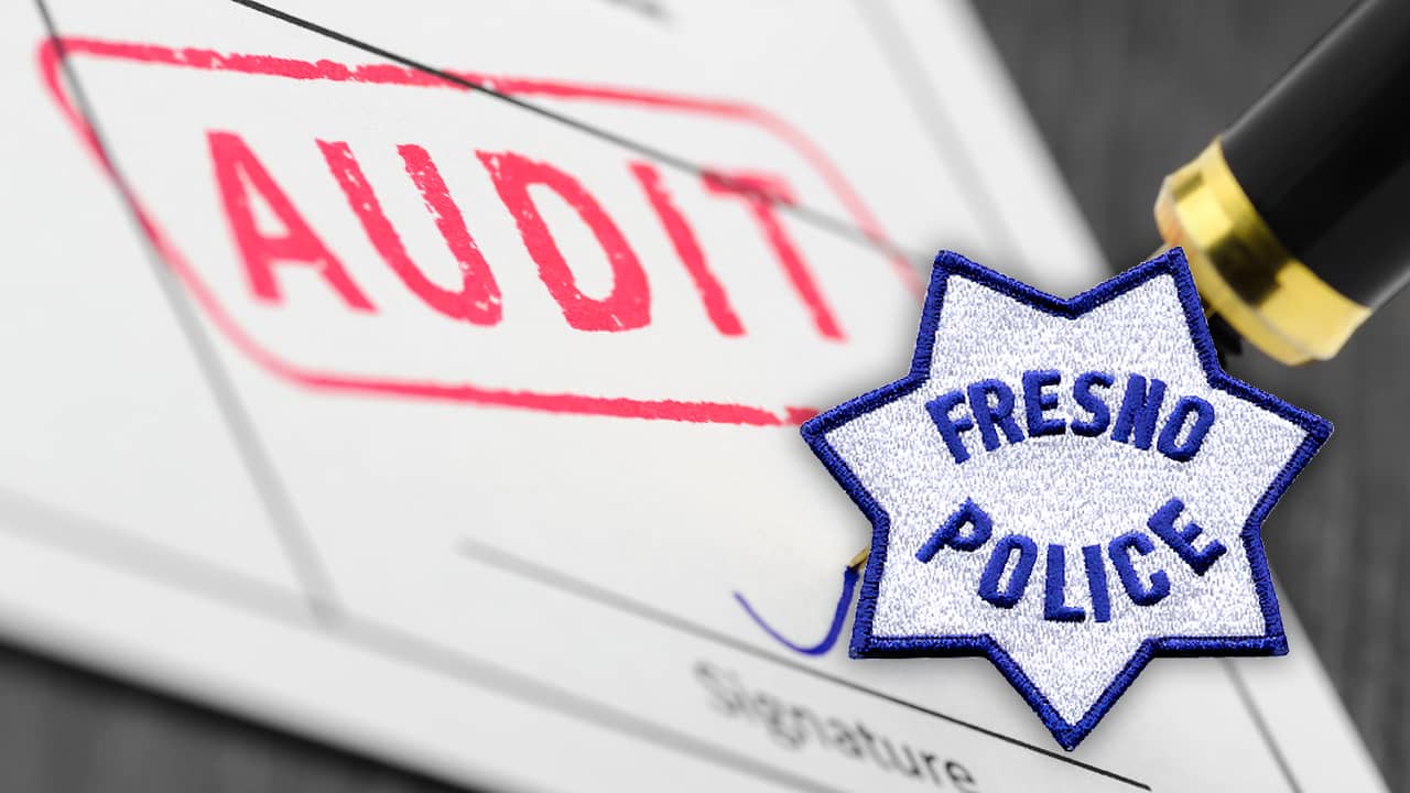 Composite illustration of audit papers and Fresno Police badge