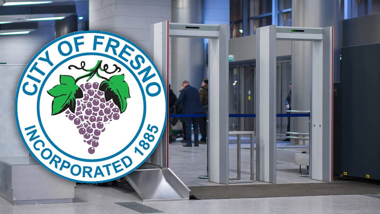 Composite of two security entry points and the city of Fresno logo
