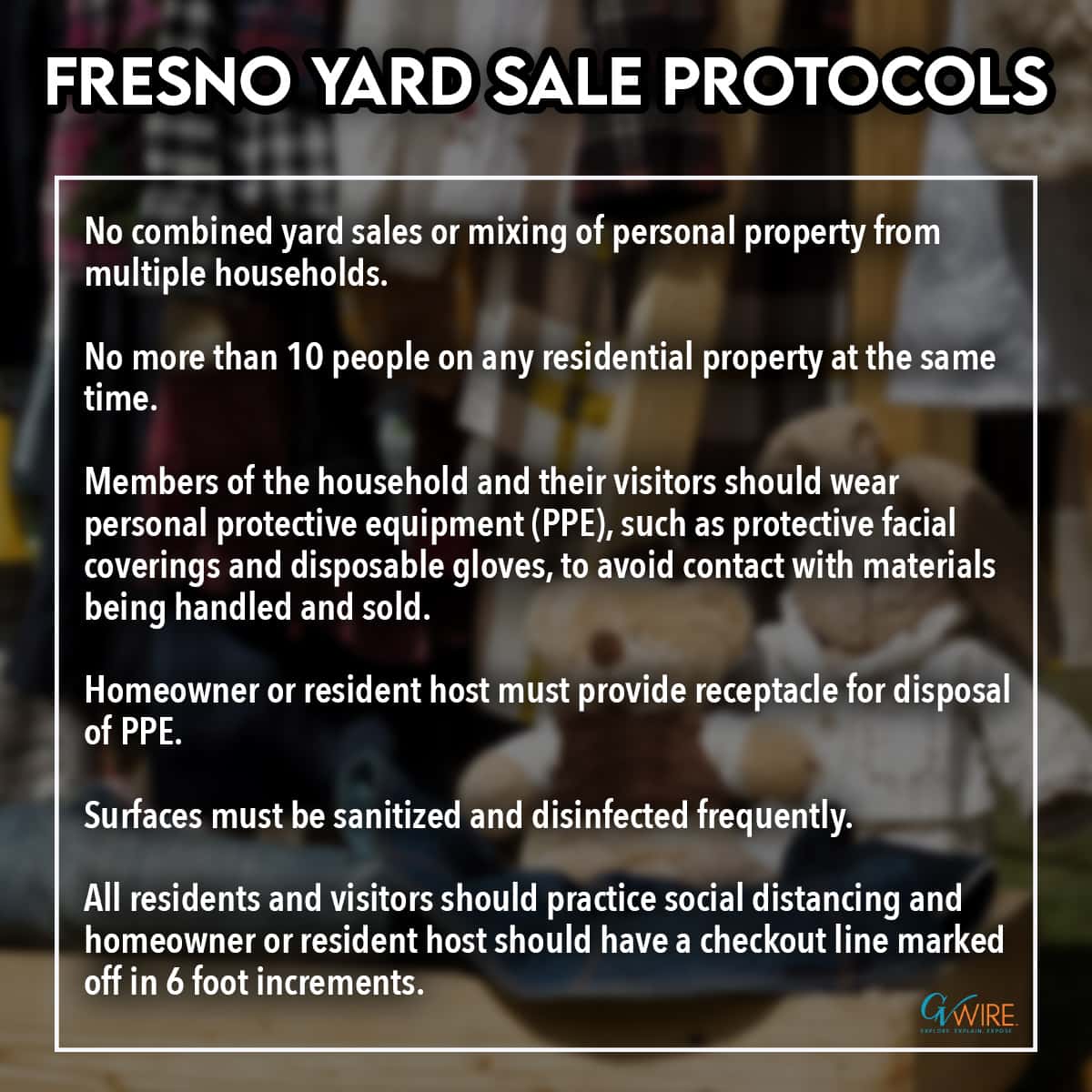 Chart listing the COVID-19 protocols for conducting a yard sale in Fresno, California