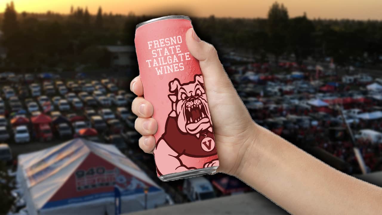 Mock-up images of what a can of Fresno State wine might look like