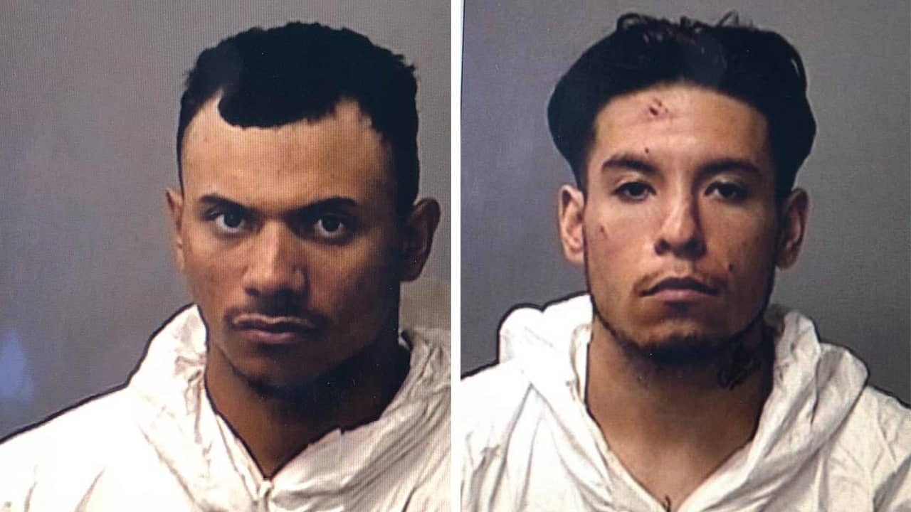mug shots of two men arrested after their stolen car killed two pedestrians
