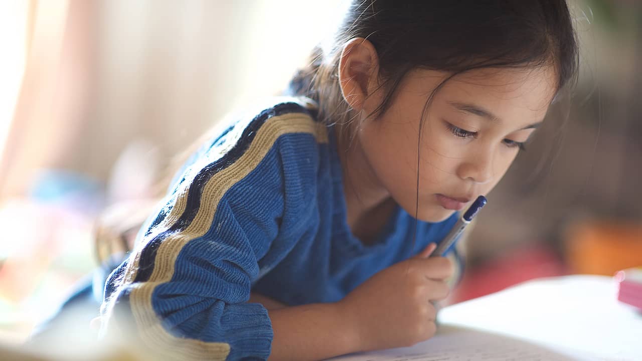 Photo of Asian American girl reading