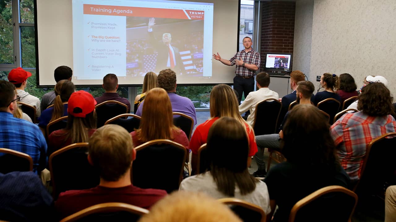 Photo of Mitch Freckleton during a College Republican voter registration training at the University of Akron Student Union in Akron, Ohio
