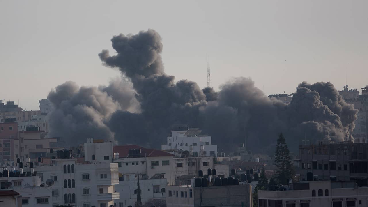 Photo of smoke rising from explosion in Gaza City