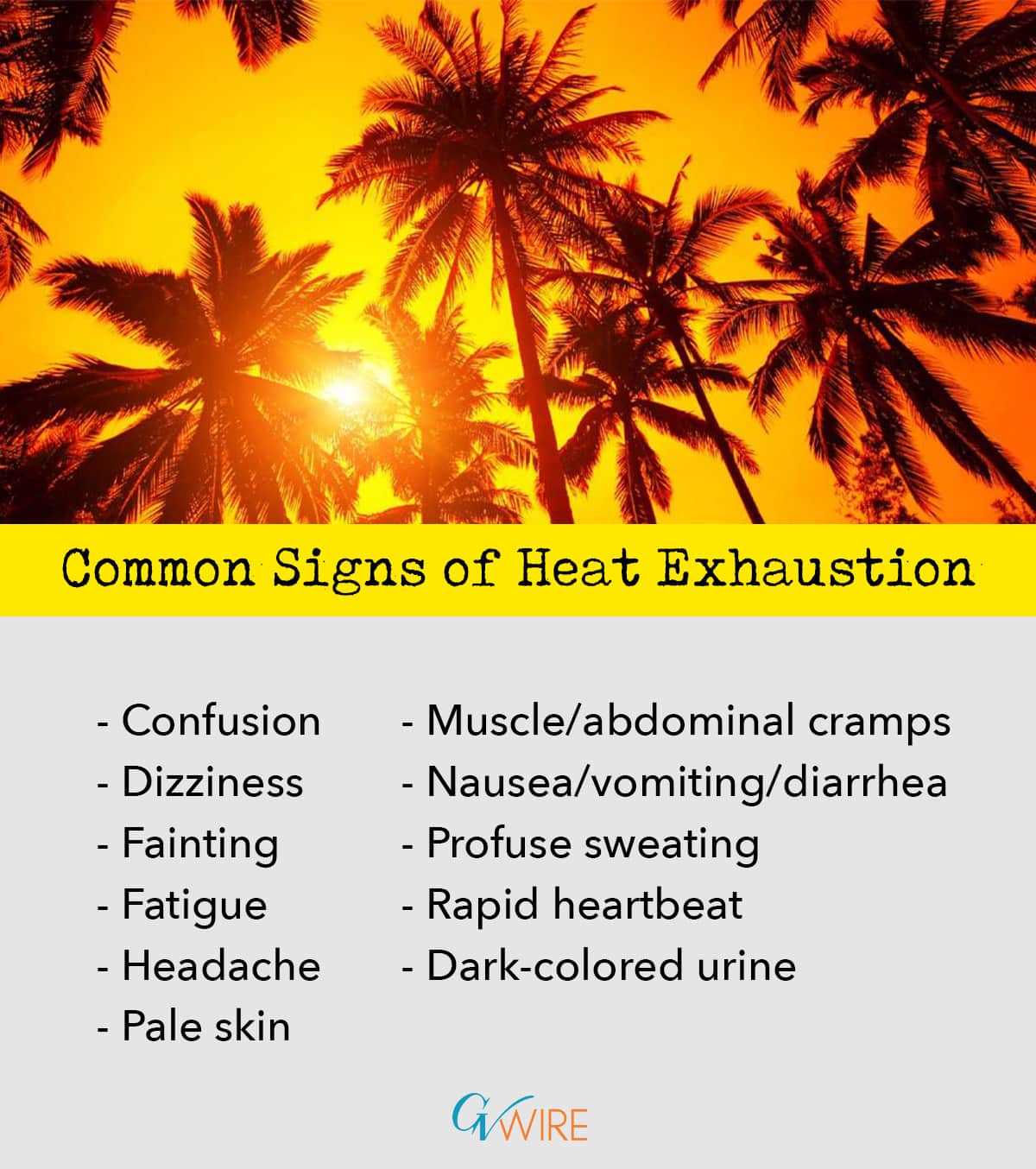 Signs of heat exhaustion graphic topped by blazing sun and palm streesImage of