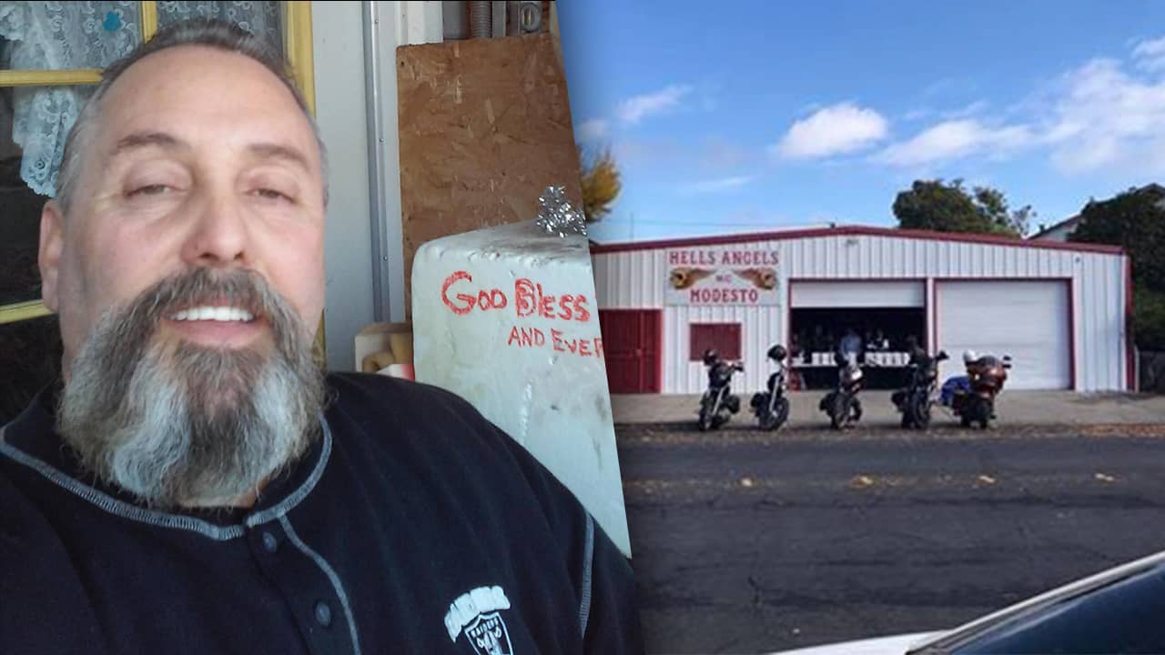 Composite of Modesto Hells Angels president Randy Picchi and the Modesto Hells Angels clubhouseu