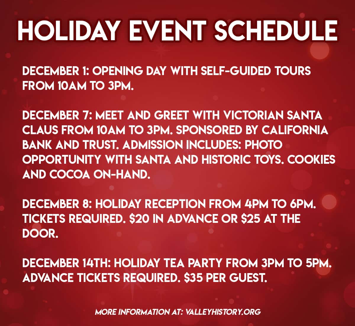 Graphic of the holiday event schedule at the Kearney Museum Mansion