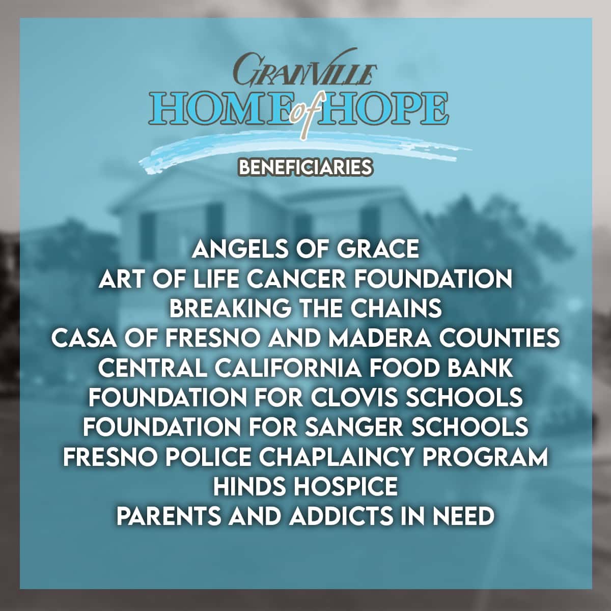 Graphic listing the 10 Granville Home of Hope Recipients for 2020