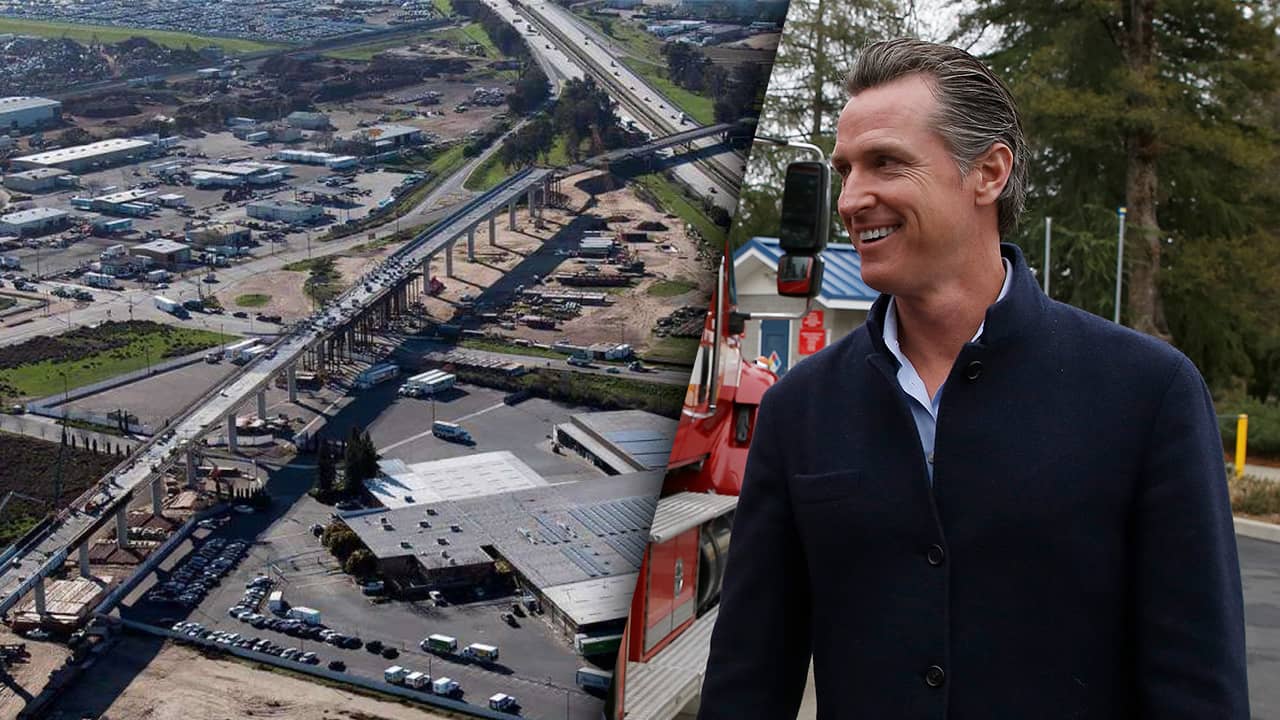 Composite photos of high-speed rail construction in south Fresno and Gov. Gavin Newsom
