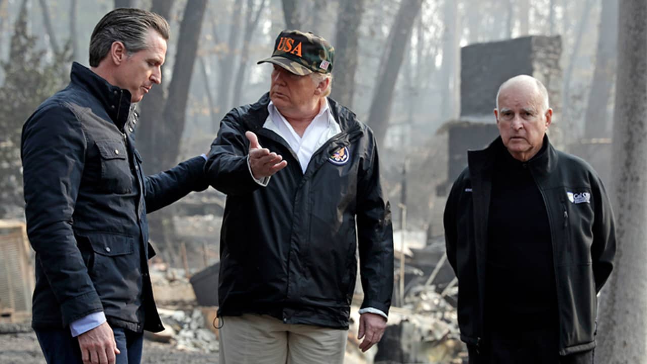 Photo of Gavin Newson, Jerry Brown, and Donald Trump