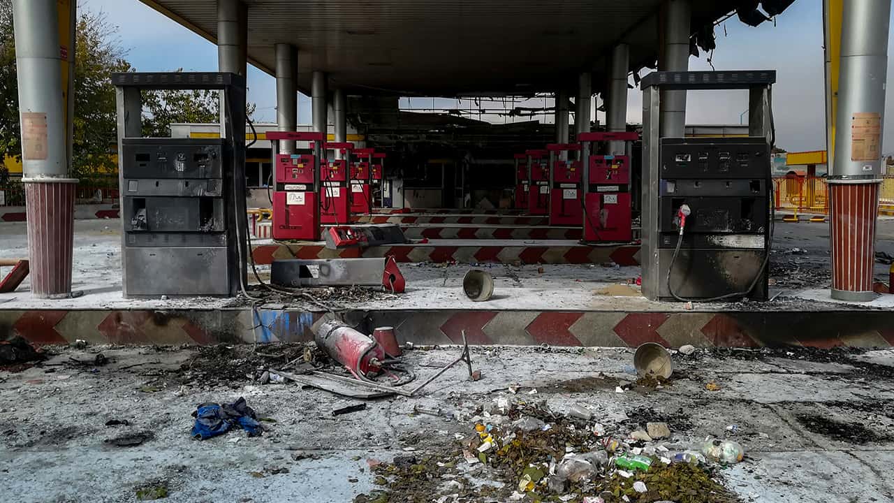 Photo of a gas station that was burned in Iran
