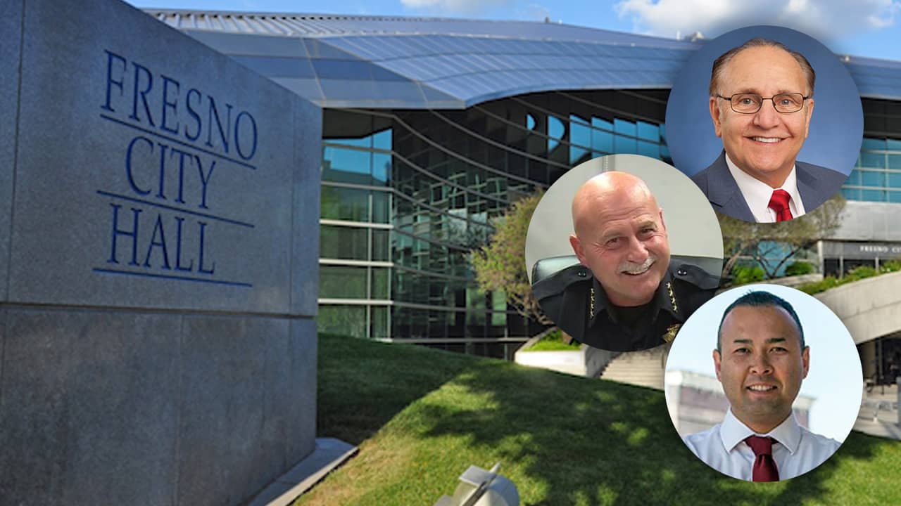 Composite illustration of Fresno City Hall and 2020 mayoral contenders Lee Brand, Jerry Dyer and Andrew Janz