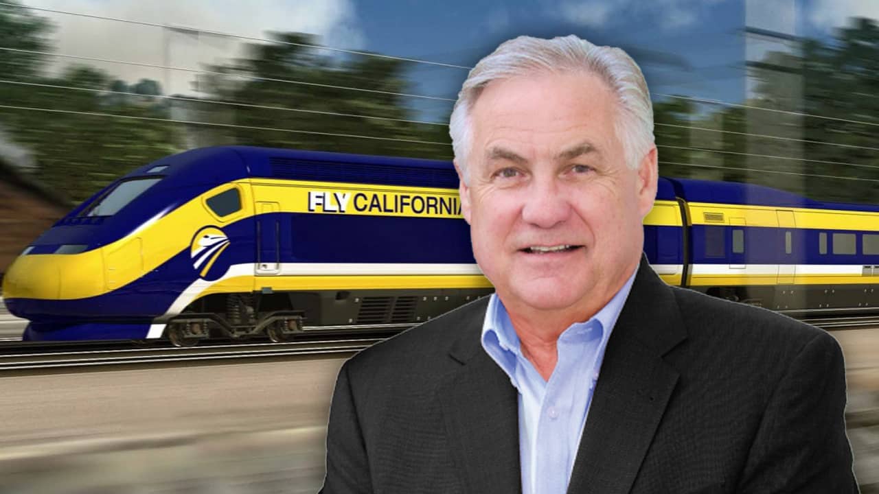 composite of Assemblyman Jim Patterson and a high-speed rail train