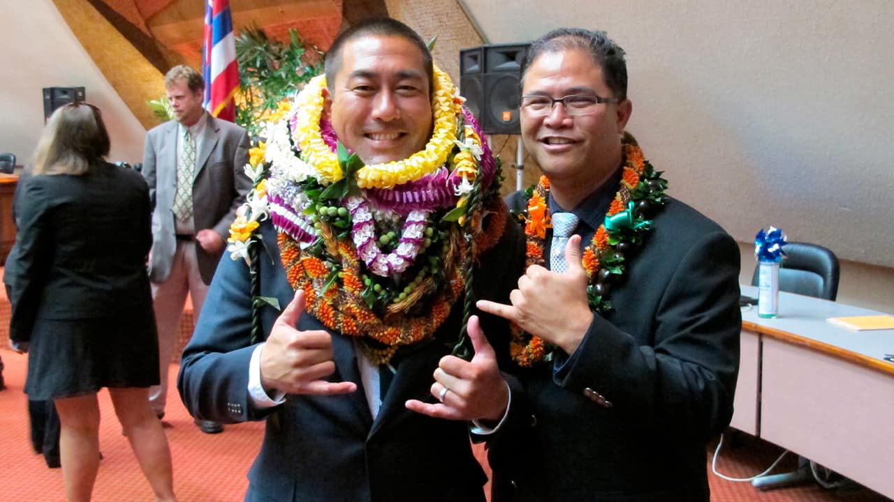 Photo of former Hawaii Rep. Derek Kawakami, left, and Rep. James Tokioka, right, both of Kauai