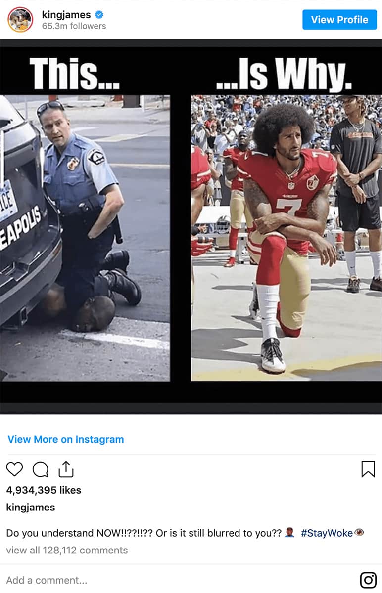Image of LeBron James Instagram post pointing to George Floyd's death and Colin Kaepernick's protests during the National Anthem