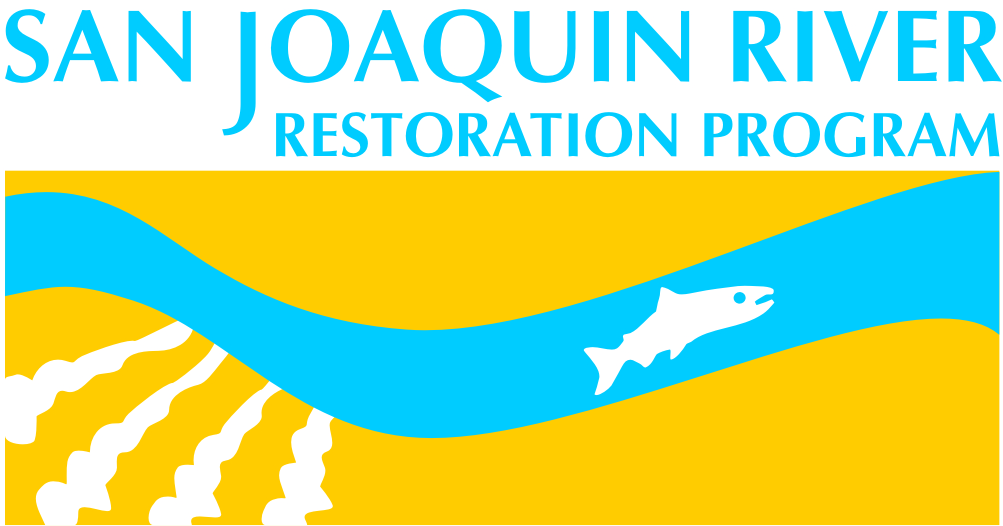 logo of the San Joaquin River Restoration Program showing an illustrated salmon swimming in a lane of blue water