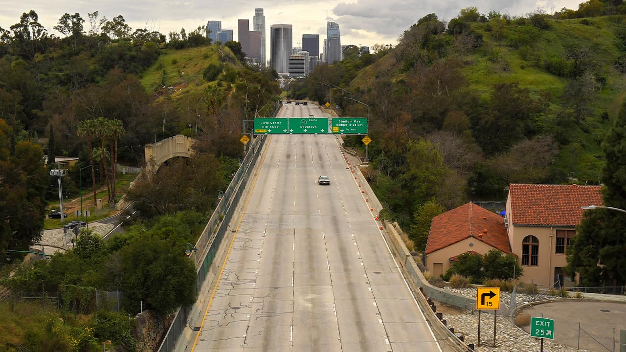 Photo of the 110 Harbor Freeway toward downtown during mid-afternoon in Los Angeles