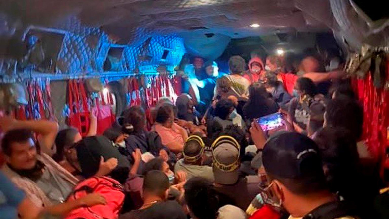 Photo of interior of a California National Guard helicopter jammed with people rescued from the Creek Fire at Mammoth Pool on Saturday, Sept. 5, 2020
