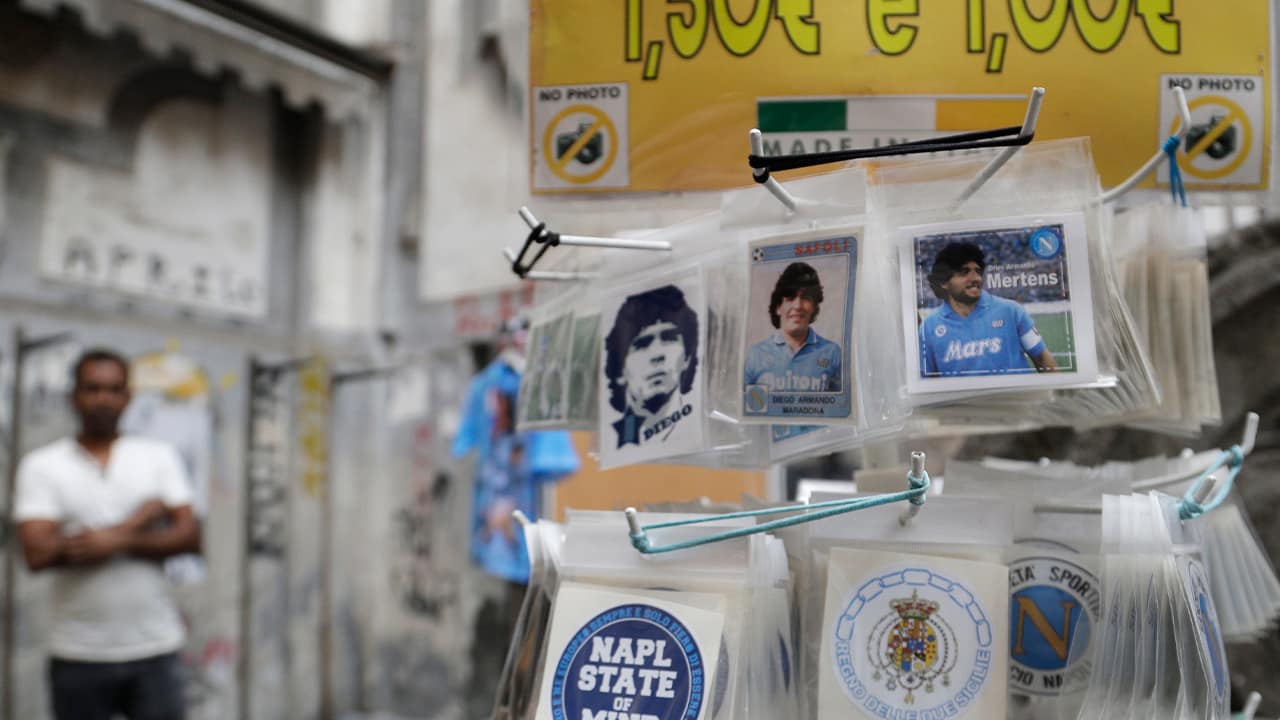 Photo of stickers of soccer legend and former Napoli player Diego Armando Maradona 