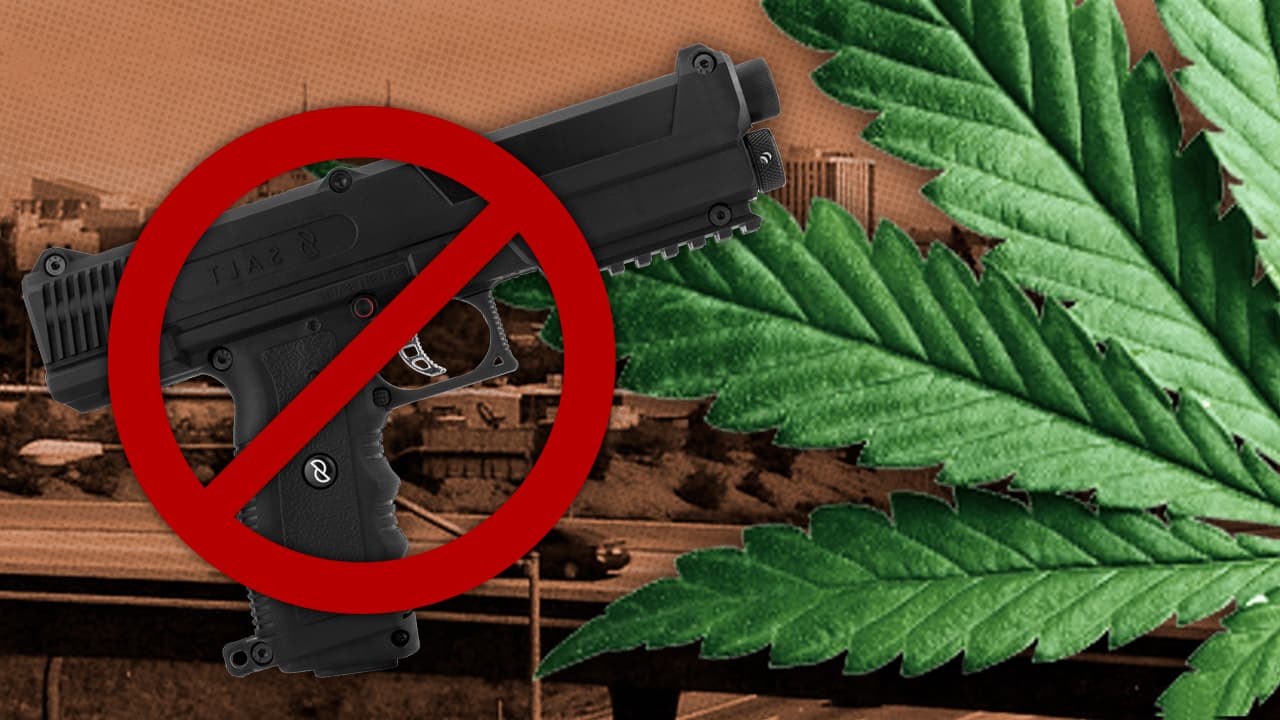 Photo combination of Fresno City Hall, a gun and a marijuana leaf