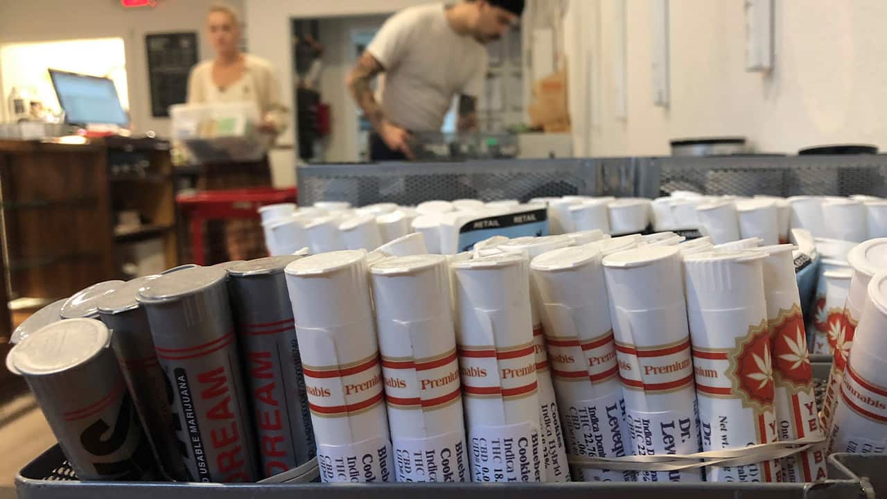 Photo of a row of marijuana vape products