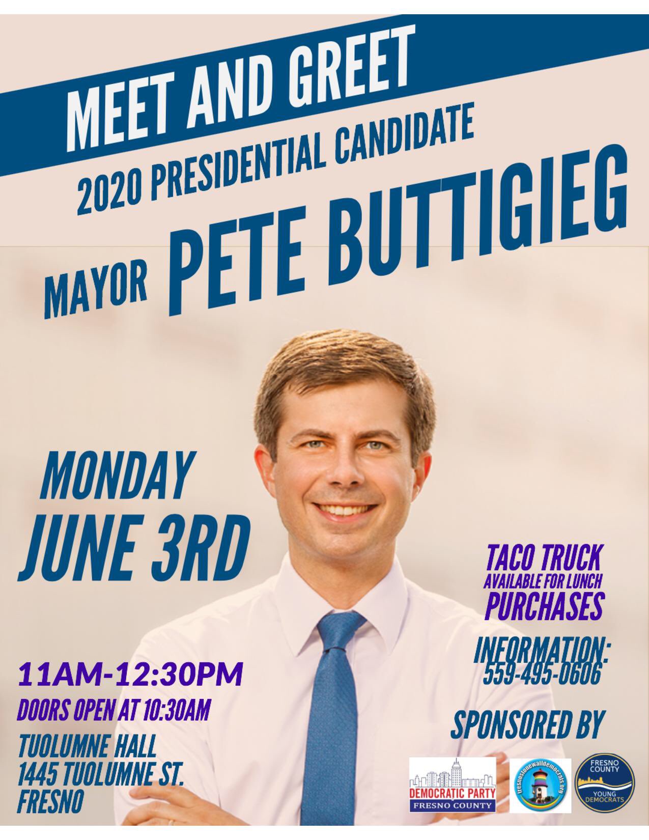 Photo of poster advertising Fresno appearance by Mayor Pete Buttigieg, a Democrat running for president 