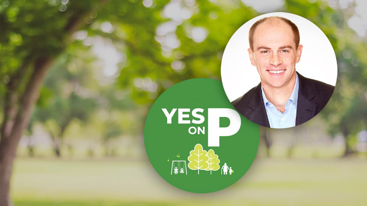 Photo combination of Elliott Balch and the Yes on P logo