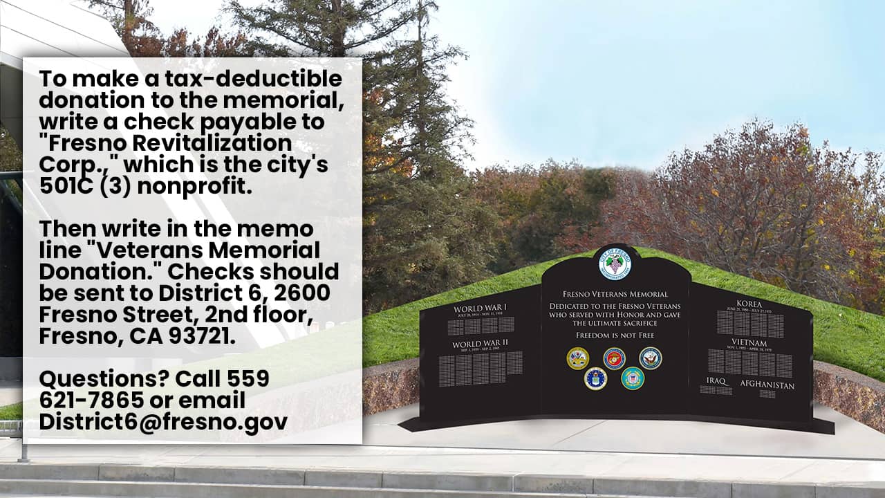 How to donate graphic with rendering of Fresno Veterans Memorial