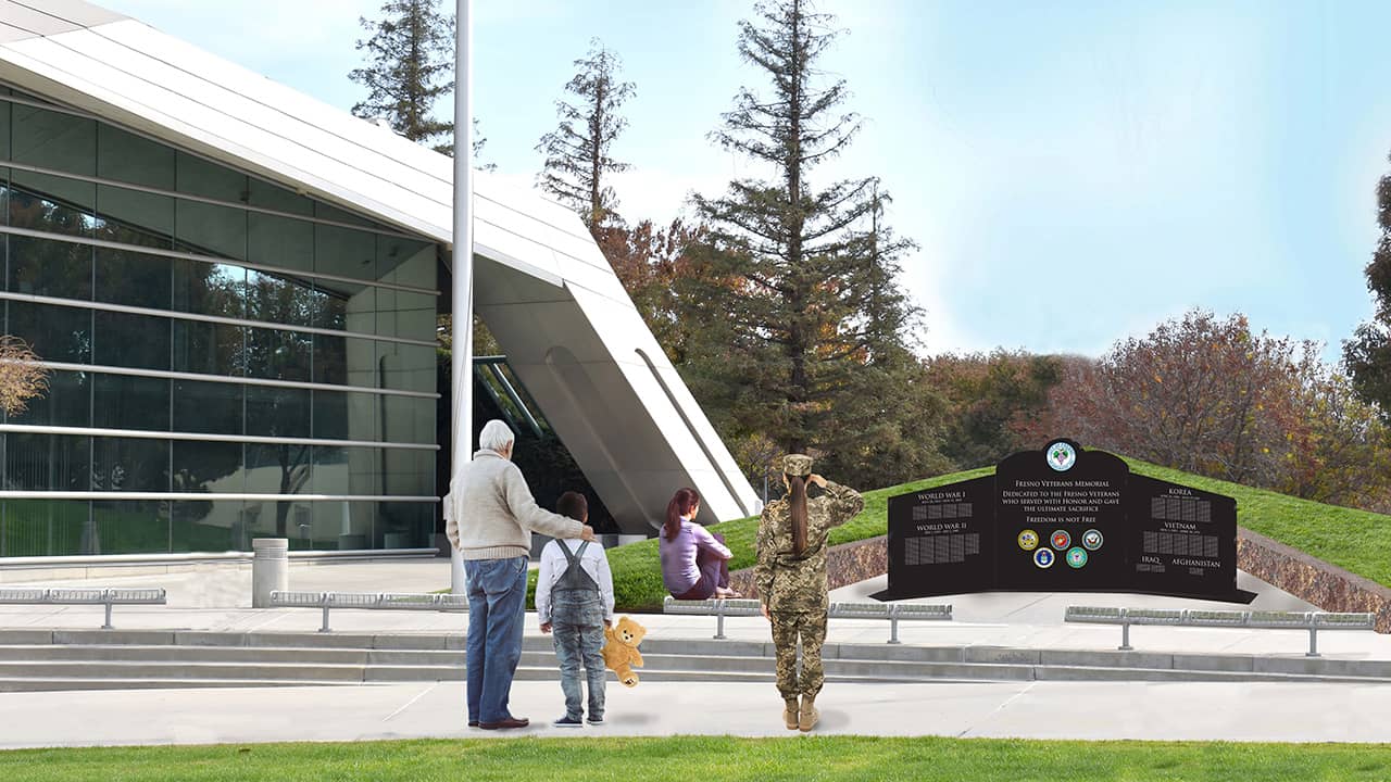 Rendering of the Fresno Veterans Memorial to be installed at City Hall.