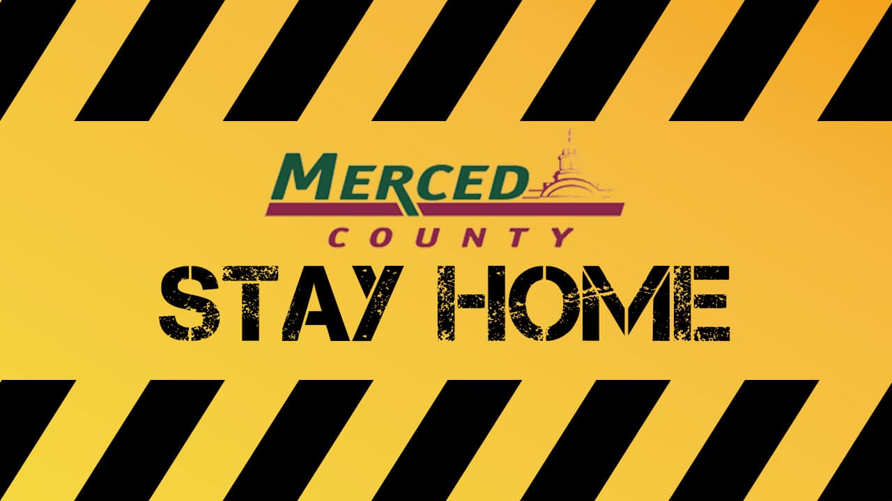 Merced County logo merged with Stay at Home order in black and yellow