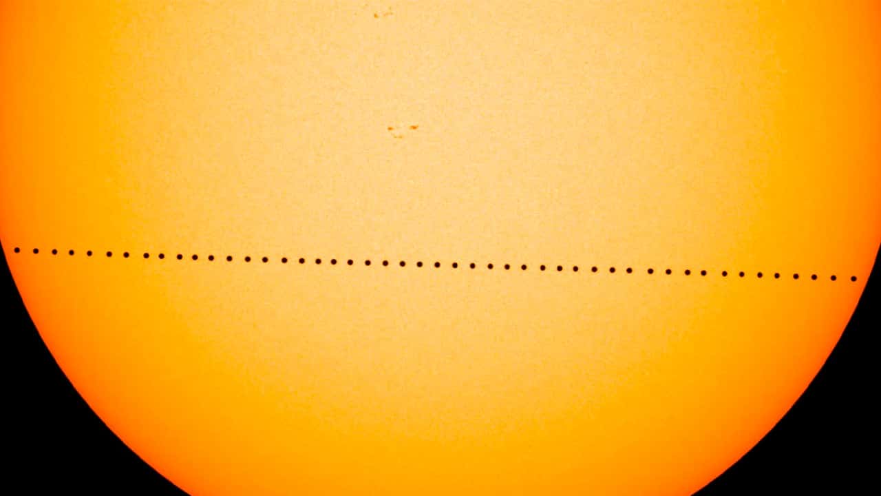 Photo of the planet Mercury passing directly between the sun and Earth on May 9, 2016