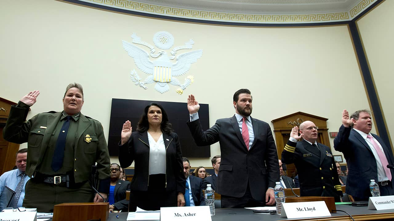 Photo of U.S. Border Patrol, Customs and Border Protection Chief Carla Provost, Acting Executive Associate Director on Immigration and Customs Enforcement Operations Nathalie R. Asher, Senior Adviser Department of Health and Human Services Scott Lloyd, U.S. Public Health Service Commissioned Corps Commander Jonathan White and Department of Justice Director of Executive Office for Immigration Review James McHenry
