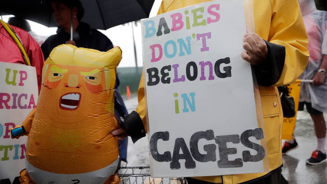 Photo of a Donald Trump inflatable doll and a protestor sign 