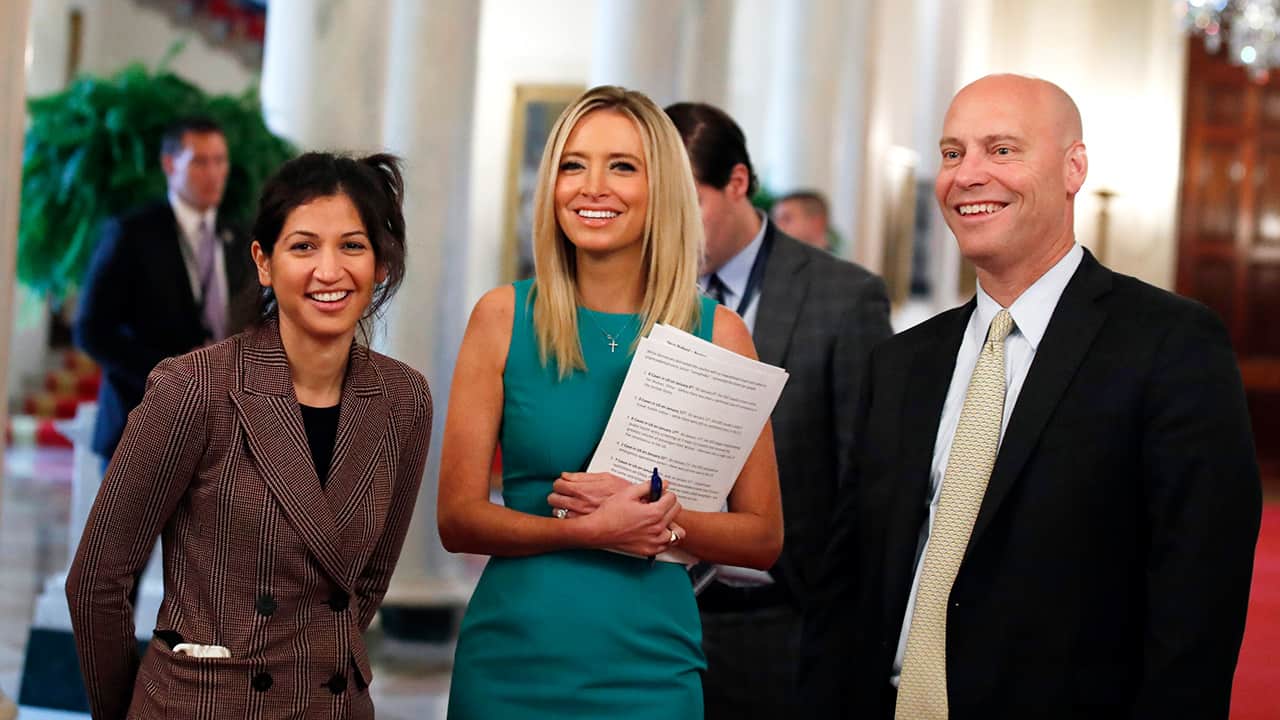 Photo of Katie Miller, press secretary for Vice President Mike Pence, left, White House press secretary Kayleigh McEnany and Marc Short, chief of staff to Vice President Mike Pence 