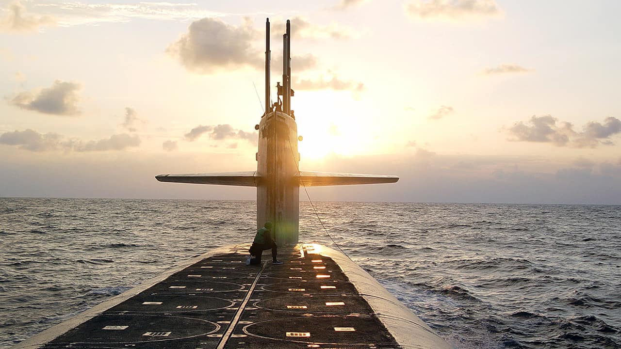 Photo of The Ohio-class ballistic-missile submarine USS Wyoming approaches Naval Submarine Base Kings Bay, Ga.
