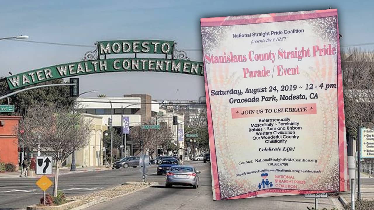 Composite of downtown Modesto and Straight Pride rally flyer